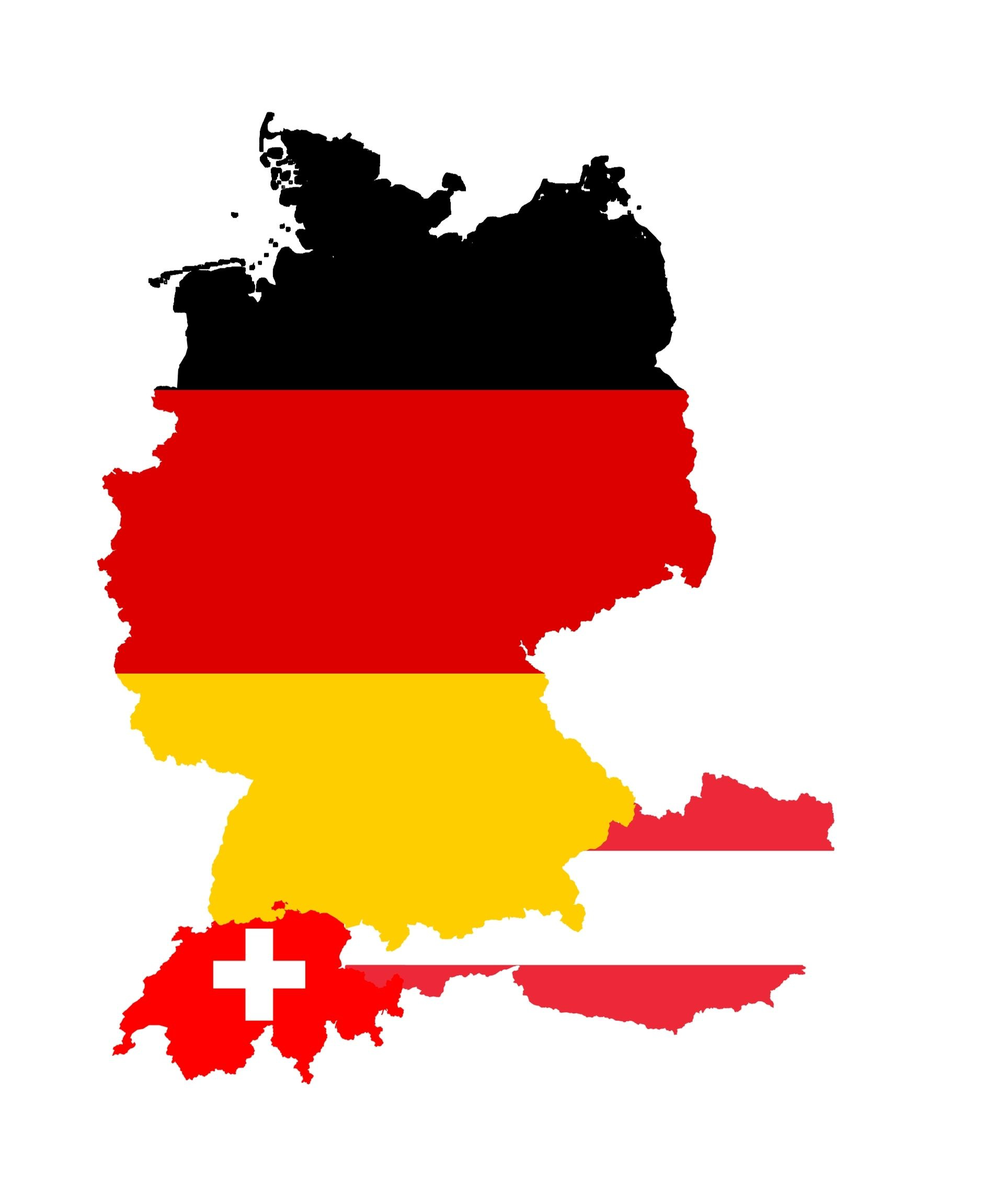 Der IT Markt in der D-A-CH Region (Deutschland, Österreich, Schweiz) in den Umrissen und Flaggen