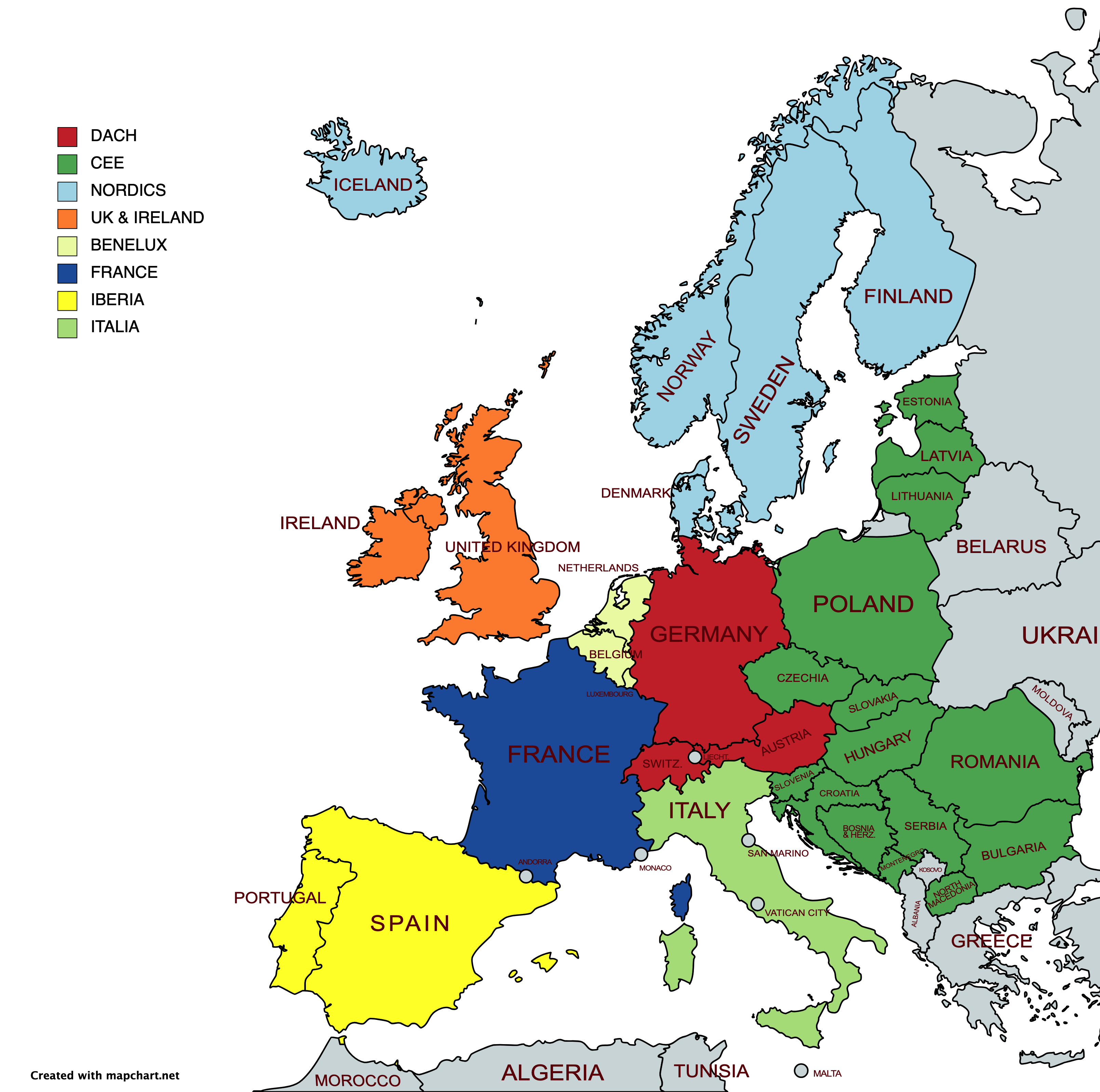 Europa in Regionen aufgeteilt - DACH, CEE, NORDICS, IBERIA, BENELUX, UK & IRLAND, FRANKREICH, ITALIEN